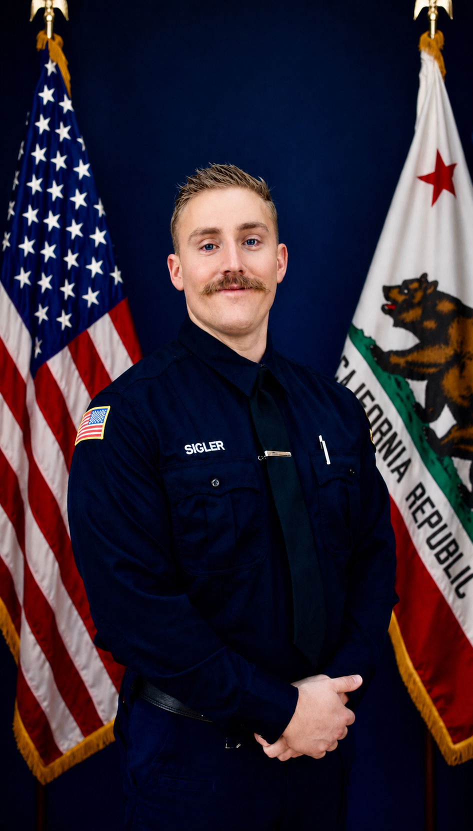 Chris Sigler in uniform, standing between the U.S. and California flags.