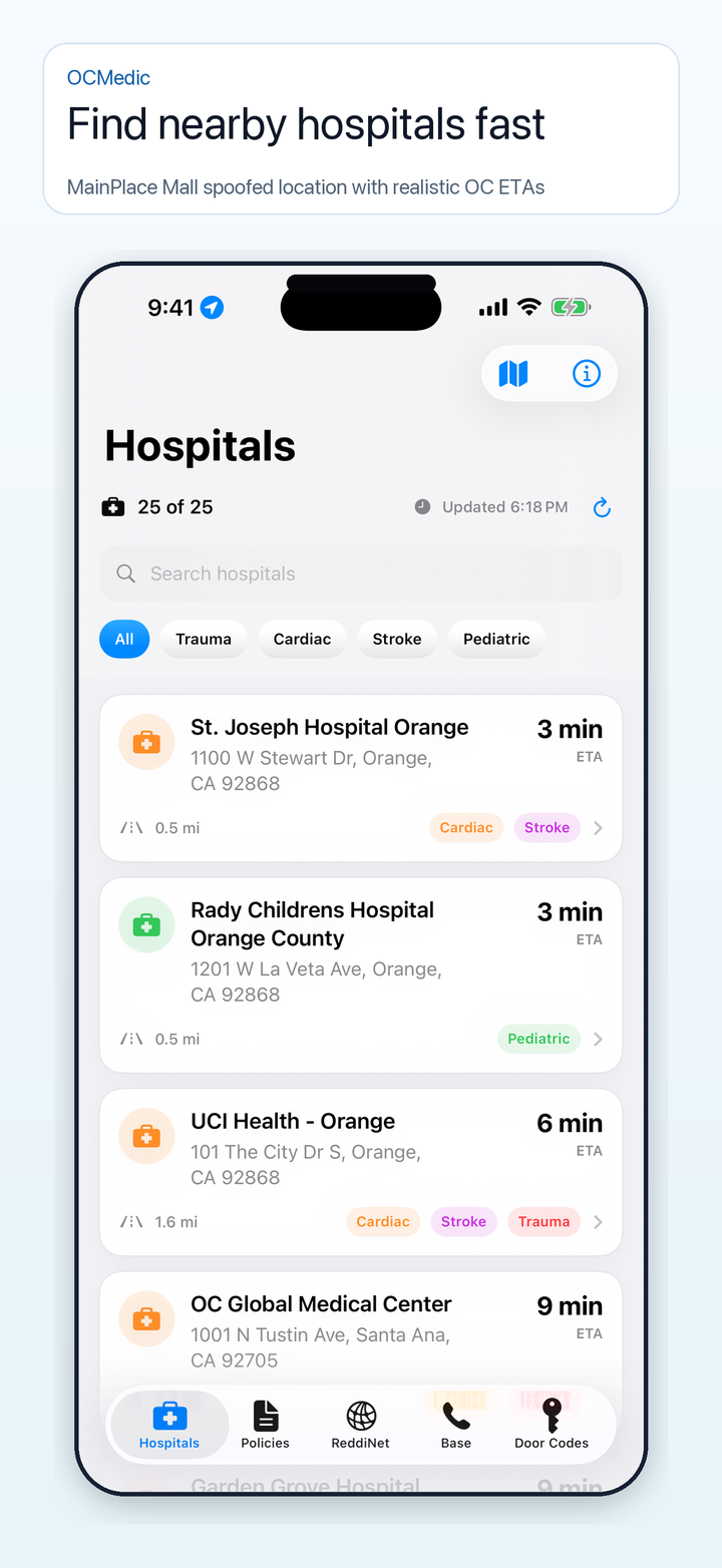 OCMedic nearby hospitals iPhone screen