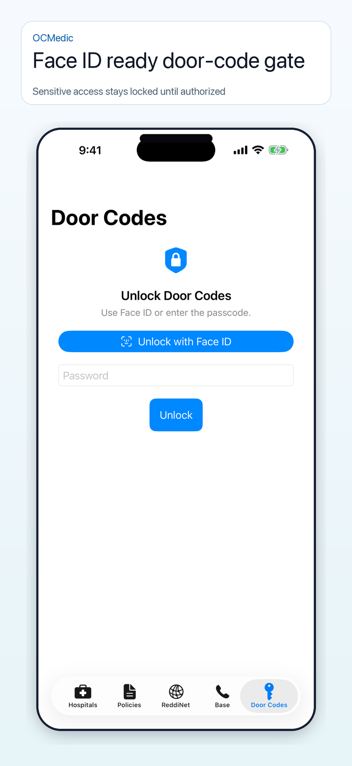OCMedic Face ID protected door-code screen