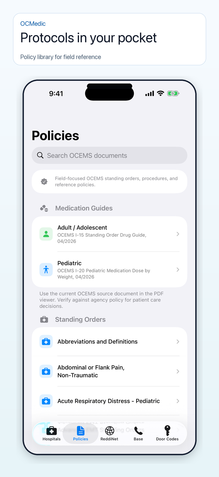 OCMedic policies and protocols iPhone screen
